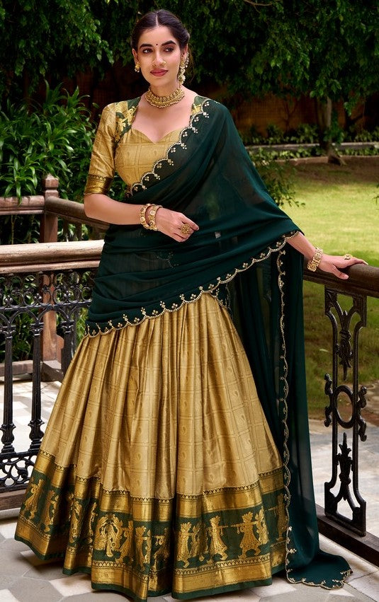 Glowing Golden Color Cotton Fabric Party Wear Lehenga