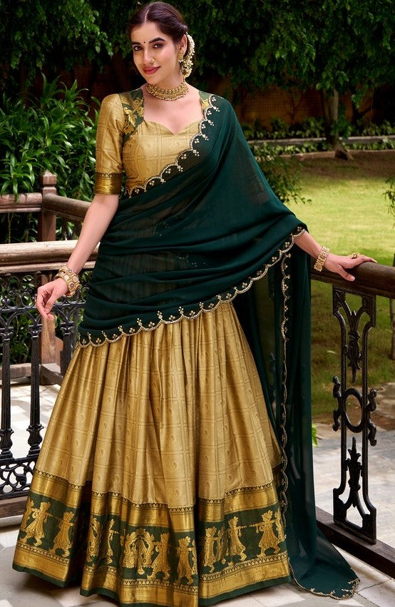 Glowing Golden Color Cotton Fabric Party Wear Lehenga