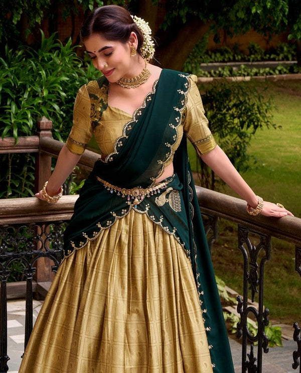 Glowing Golden Color Cotton Fabric Party Wear Lehenga