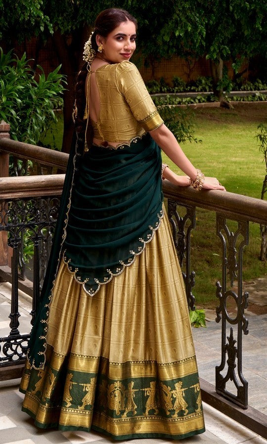 Glowing Golden Color Cotton Fabric Party Wear Lehenga