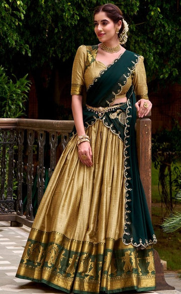 Glowing Golden Color Cotton Fabric Party Wear Lehenga