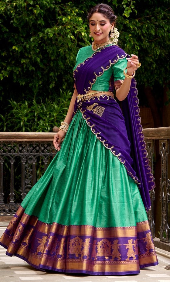 Glowing Turquoise Color Cotton Fabric Party Wear Lehenga