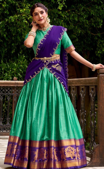 Glowing Turquoise Color Cotton Fabric Party Wear Lehenga