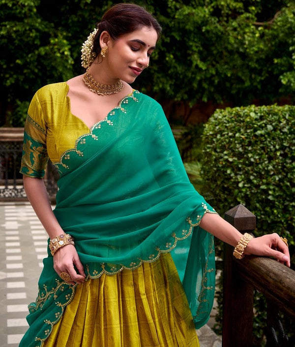 Glowing Yellow Color Cotton Fabric Party Wear Lehenga