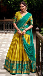 Glowing Yellow Color Cotton Fabric Party Wear Lehenga