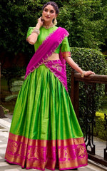 Glowing Green Color Cotton Fabric Party Wear Lehenga