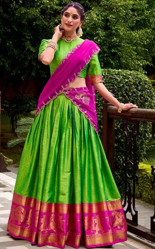 Glowing Green Color Cotton Fabric Party Wear Lehenga