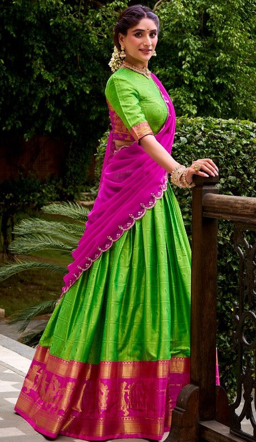 Glowing Green Color Cotton Fabric Party Wear Lehenga