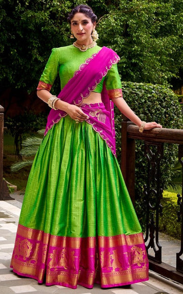 Glowing Green Color Cotton Fabric Party Wear Lehenga