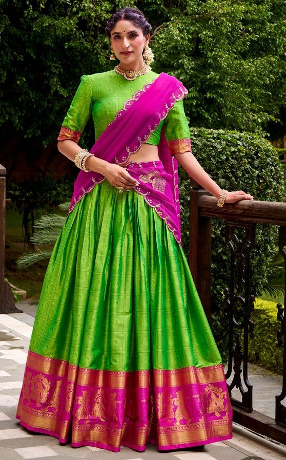 Glowing Green Color Cotton Fabric Party Wear Lehenga