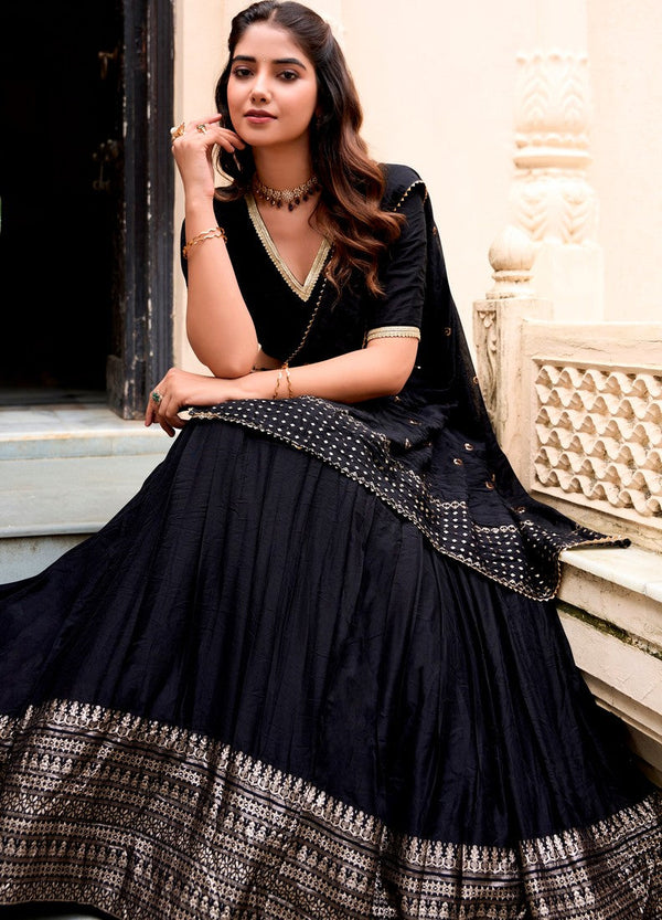 Glowing Black Color Chanderi Fabric Party Wear Lehenga