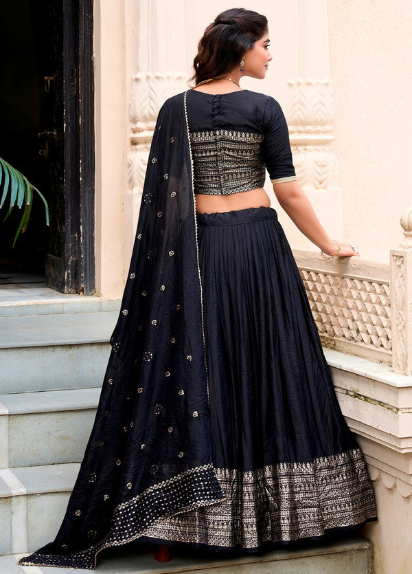 Glowing Black Color Chanderi Fabric Party Wear Lehenga