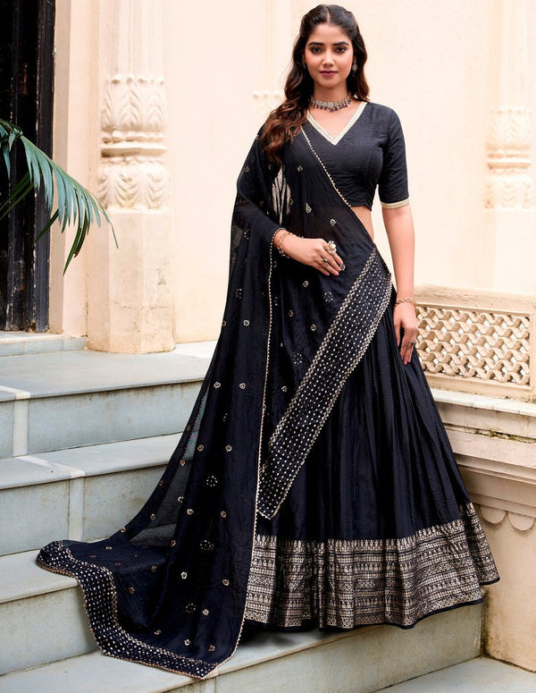 Glowing Black Color Chanderi Fabric Party Wear Lehenga