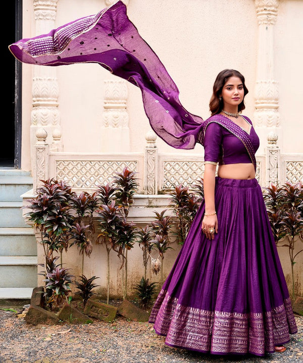 Glowing Purple Color Chanderi Fabric Party Wear Lehenga