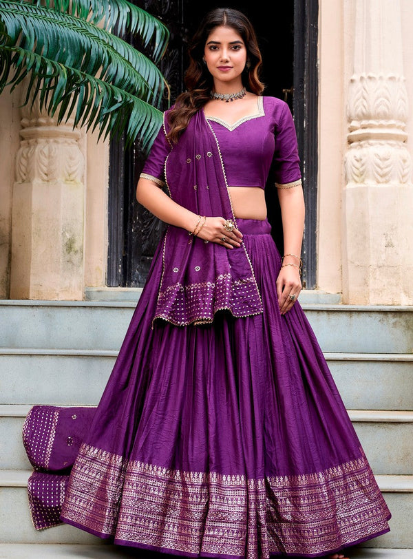 Glowing Purple Color Chanderi Fabric Party Wear Lehenga