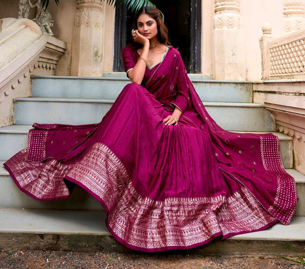 Glowing Wine Color Chanderi Fabric Party Wear Lehenga