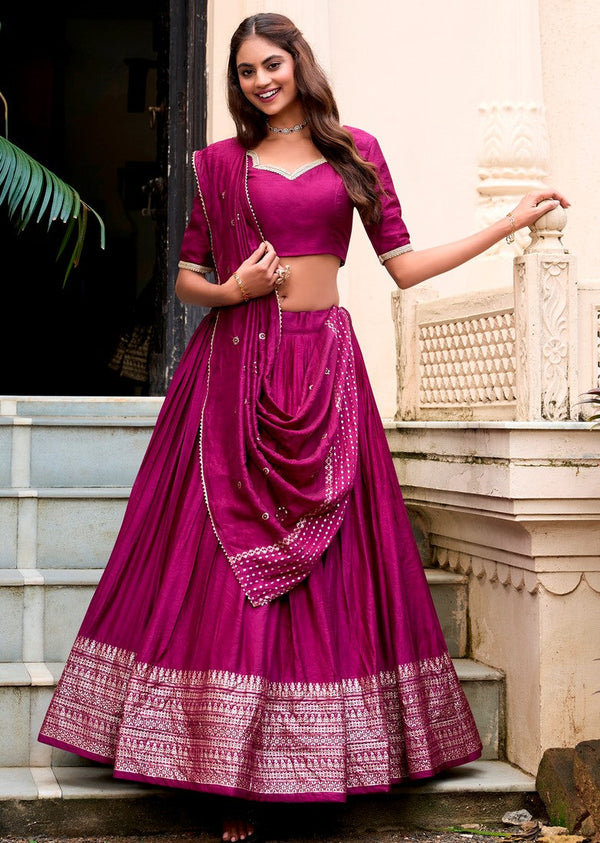 Glowing Wine Color Chanderi Fabric Party Wear Lehenga