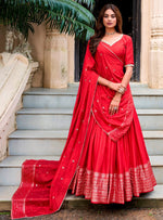 Glowing Red Color Chanderi Fabric Party Wear Lehenga