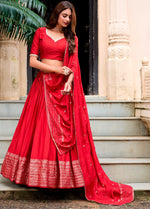 Glowing Red Color Chanderi Fabric Party Wear Lehenga