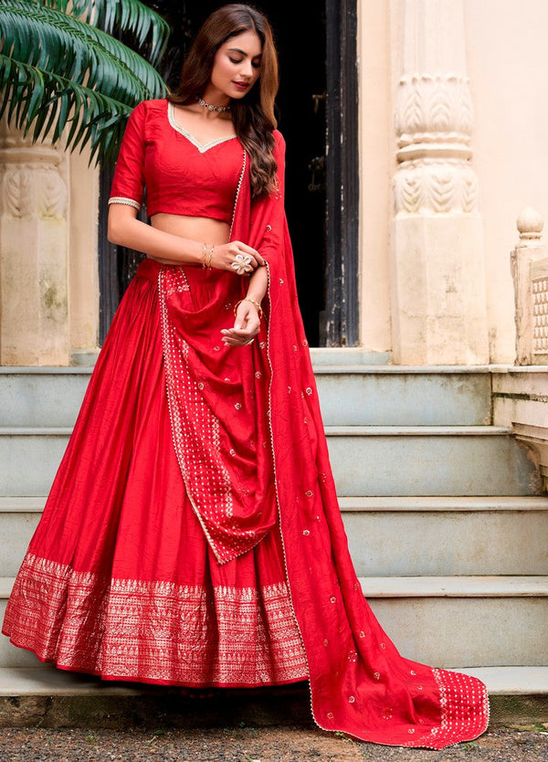 Glowing Red Color Chanderi Fabric Party Wear Lehenga