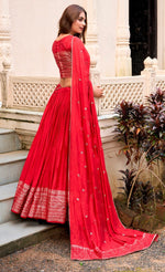 Glowing Red Color Chanderi Fabric Party Wear Lehenga