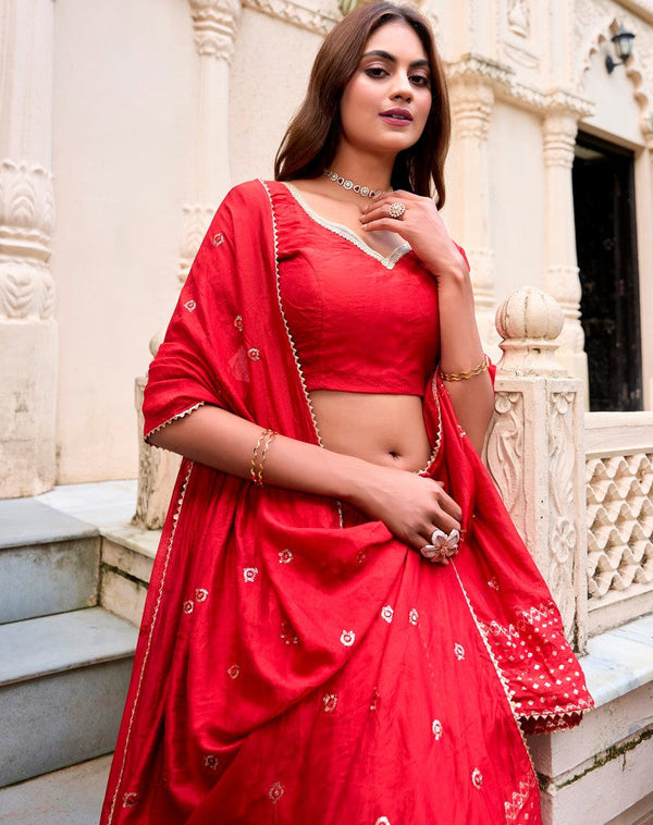 Glowing Red Color Chanderi Fabric Party Wear Lehenga