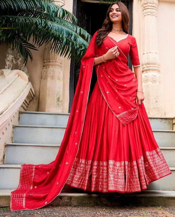 Glowing Red Color Chanderi Fabric Party Wear Lehenga