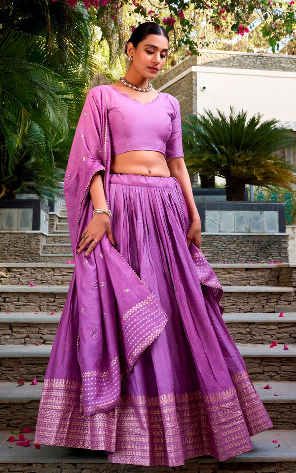 Glowing Purple Color Chanderi Fabric Party Wear Lehenga