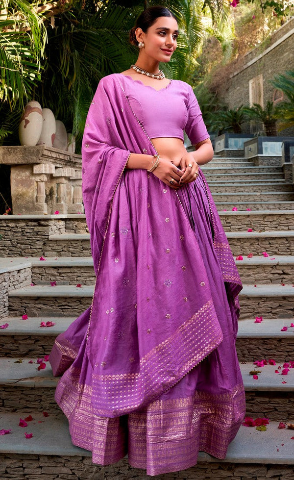 Glowing Purple Color Chanderi Fabric Party Wear Lehenga
