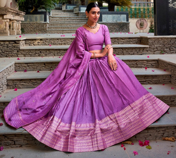 Glowing Purple Color Chanderi Fabric Party Wear Lehenga