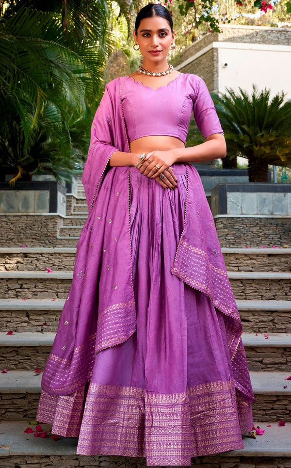 Glowing Purple Color Chanderi Fabric Party Wear Lehenga