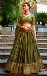 Glowing Green Color Chanderi Fabric Party Wear Lehenga