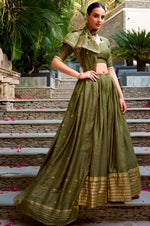 Glowing Green Color Chanderi Fabric Party Wear Lehenga