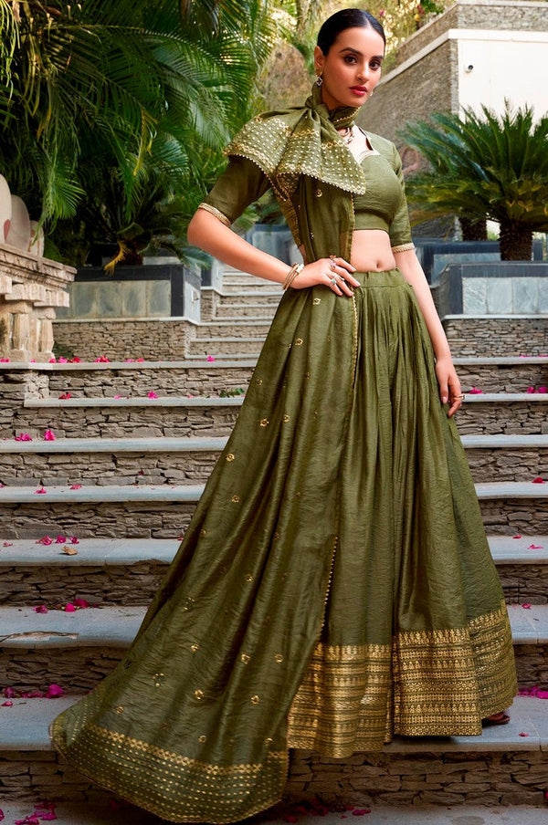 Glowing Green Color Chanderi Fabric Party Wear Lehenga