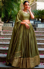 Glowing Green Color Chanderi Fabric Party Wear Lehenga