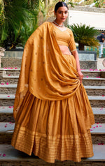 Glowing Mustard Color Chanderi Fabric Party Wear Lehenga