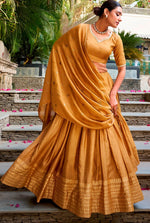 Glowing Mustard Color Chanderi Fabric Party Wear Lehenga