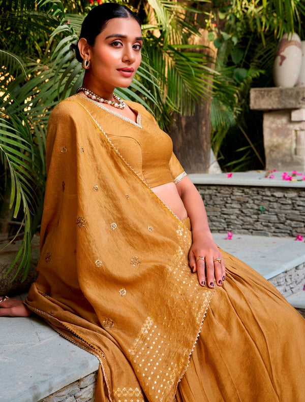 Glowing Mustard Color Chanderi Fabric Party Wear Lehenga