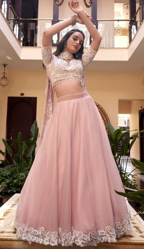 Angelic Peach Color Silk Fabric Party Wear Lehenga