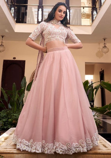 Angelic Peach Color Silk Fabric Party Wear Lehenga