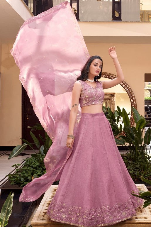 Angelic Pink Color Crush  Fabric Party Wear Lehenga