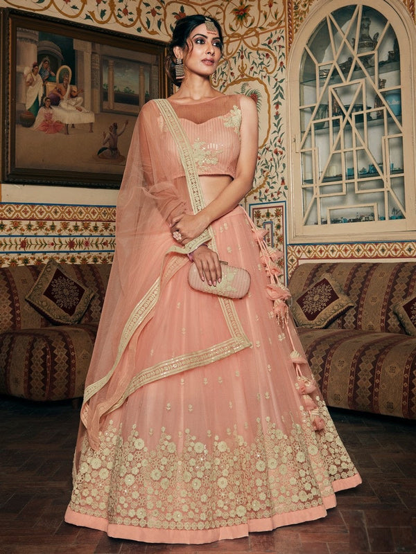 Splendid Peach Color Net  Fabric Party Wear Lehenga