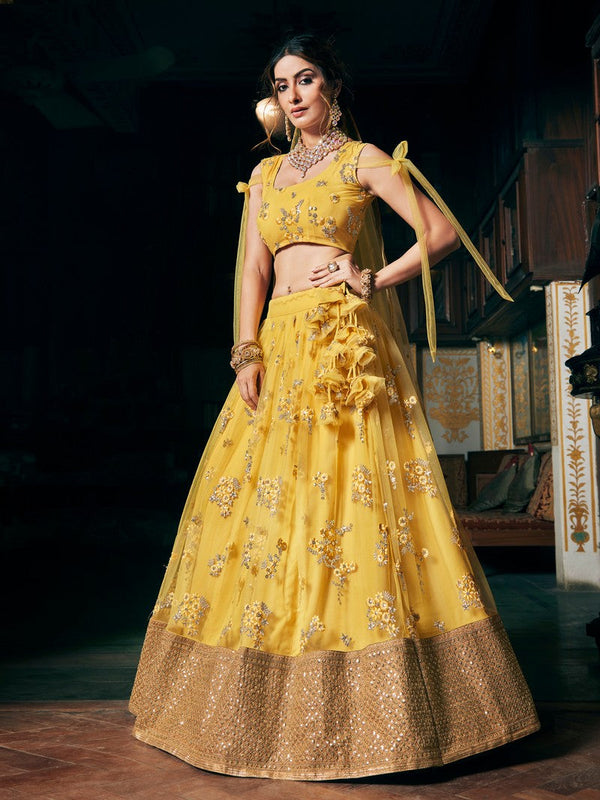 Splendid Yellow Color Net  Fabric Party Wear Lehenga