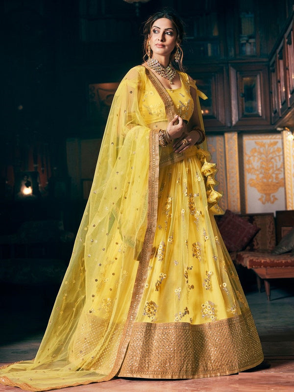 Splendid Yellow Color Net  Fabric Party Wear Lehenga