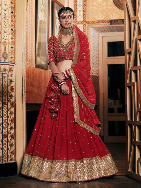 Splendid Red Color Georgette Fabric Party Wear Lehenga