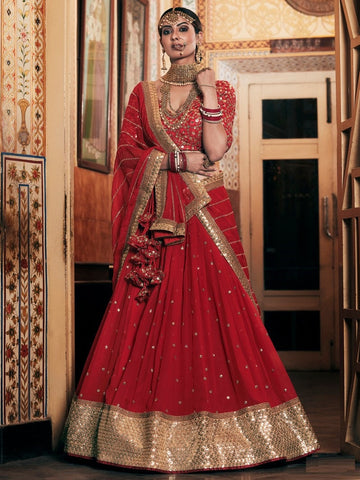 Splendid Red Color Georgette Fabric Party Wear Lehenga