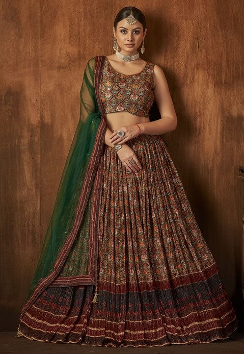 Stunning Brown Color Georgette Fabric Party Wear Lehenga