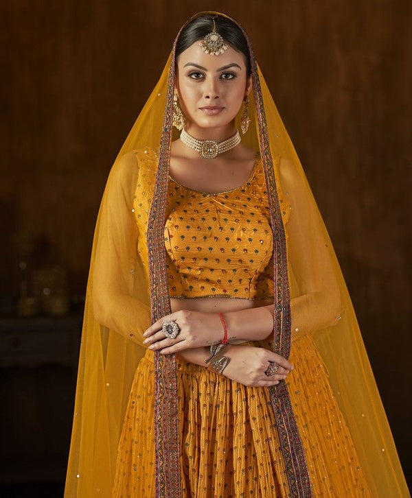 Stunning Yellow Color Georgette Fabric Party Wear Lehenga