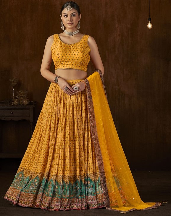 Stunning Yellow Color Georgette Fabric Party Wear Lehenga