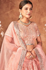 Stunning Peach Color Organza Fabric Party Wear Lehenga